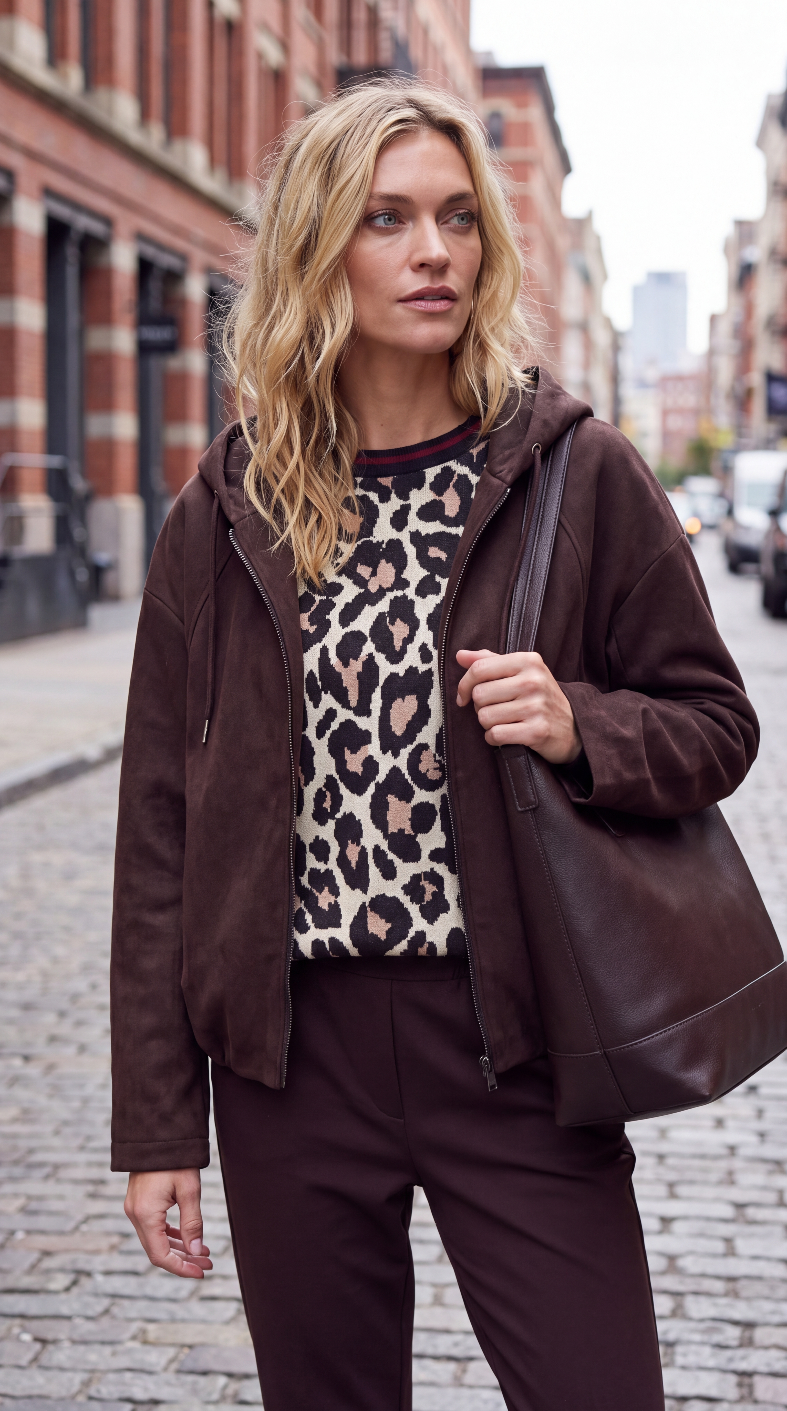 Dámska bunda s kapucňou v imitácii brúsenej kože BROADWAY NYC FASHION ESPRESSO Tmavohnedá s.WEAR 4